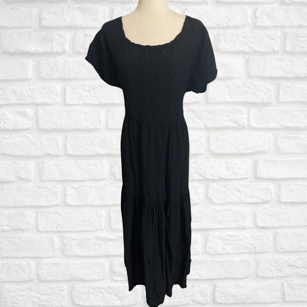 Vintage 1990's Limited Black Maxi Dress Oversized Scoop Neck Short Sleeve Witchy